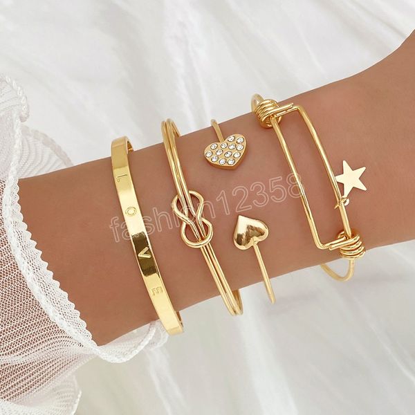 gold color metal bracelets set crystal heart pentagram pendant adjustable bracelet intersecting bangle fashion jewelry, Golden;silver