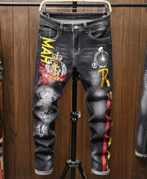 men039s print ripped stretch black jeans fashion streetwear letter painted slim fit pants embroidered sticking punk style trous3076434, Blue
men039s print ripped stretch black jeans fashion streetwear letter painted slim fit pants embroidered sticking punk style trous3076434, Blue