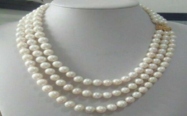 triple strands 8-9mm real south sea white pearl necklace 18-20 891846, Silver