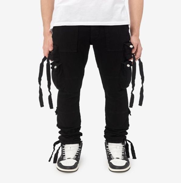 falection mens 21ss amimike jeans zipper pocket cargo pants black jeans 033022712, Blue