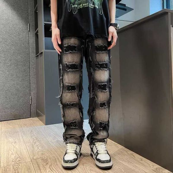 designer jeans gradient distressed rough edge denim high street hiphop trendy hip-hop loose straight leg pants, Blue 
designer jeans gradient distressed rough edge denim high street hiphop trendy hip-hop loose straight leg pants, Blue