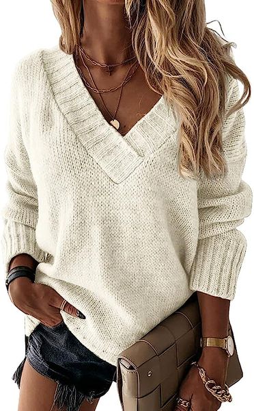 womens loose sweaters v neck long sleeve solid knitted jumper pullover sweatshirt, White;black
womens loose sweaters v neck long sleeve solid knitted jumper pullover sweatshirt, White;black