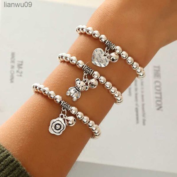 vintage tibetan silver plated beads stacked bracelet heart flower bear design pendant elastic rope bracelet fashion jewelry gift l230704, Black 
vintage tibetan silver plated beads stacked bracelet heart flower bear design pendant elastic rope bracelet fashion jewelry gift l230704, Black