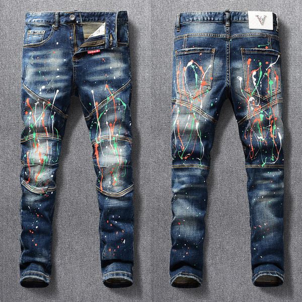 men's jeans street fashion men retro blue stretch slim fit painted ripped spliced designer hip hop denim biker pants hombre 230711
men's jeans street fashion men retro blue stretch slim fit painted ripped spliced designer hip hop denim biker pants hombre 230711