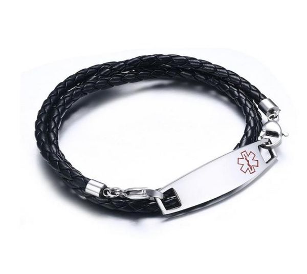 engravingstainless steel medic tag with black braided leather triple wrap medical alert bracelets 25quot long for 3 layers8746180
engravingstainless steel medic tag with black braided leather triple wrap medical alert bracelets 25quot long for 3 layers8746180