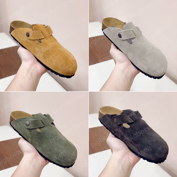 Image of Luxury fur slippers designer sandals women boston cork flat clogs fall winter outdoor casual slippers fashion suede men&#039;s loafers beach shoes 35-44 with box