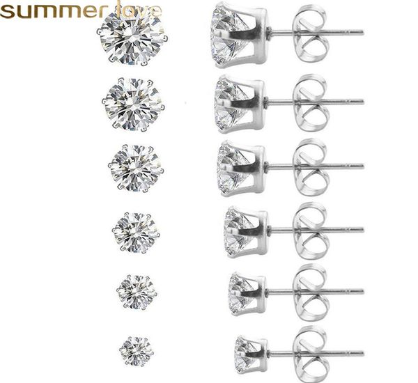 3mm8mm round clear cubic zirconia stud earring for women girls silver gold rose gold plated wedding earrings stainless steel jewe1788409, Golden;silver