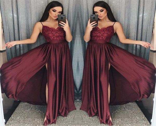 2019 maroon spaghetti straps prom dresses lace appliques a line side split elastic stain like silk formal occasion evening dr7151558, Black
2019 maroon spaghetti straps prom dresses lace appliques a line side split elastic stain like silk formal occasion evening dr7151558, Black