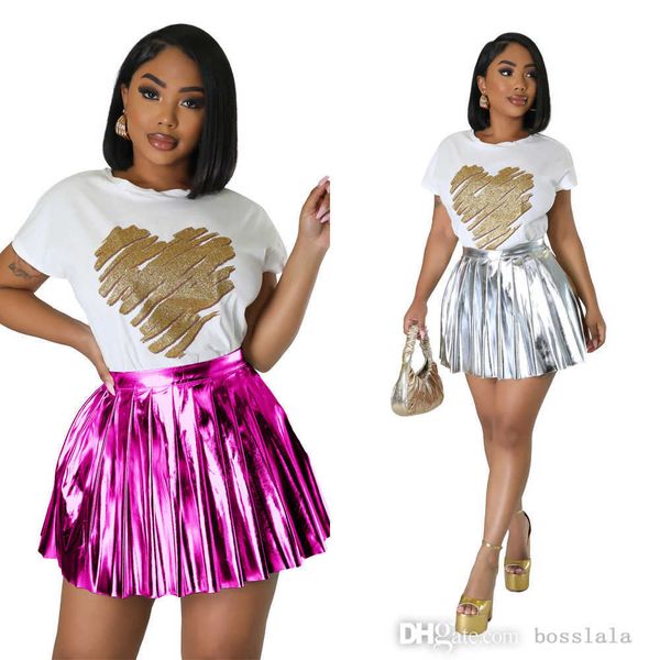 women new fashion ice silk stamped bright pleated skirt girls half skirts, Black