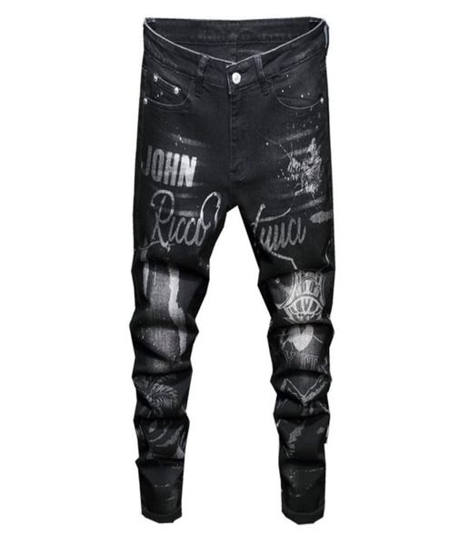 designer washed printed jeans for men 2020 streetwear letter black jeans pants gothic punk stretchable hip hop dance trousers x0621229956, Blue