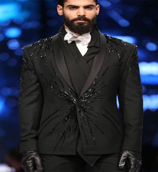 two pieces black men suits luxury beads custom made men suits one button tuxedos peaked lapel blazer business coatpant2093665, Black;gray
two pieces black men suits luxury beads custom made men suits one button tuxedos peaked lapel blazer business coatpant2093665, Black;gray