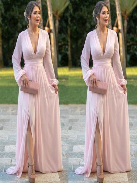 light pink chiffon evening dresses deep v neck long sleeves prom dress side split a line bride party gowns1005303, Black;red
light pink chiffon evening dresses deep v neck long sleeves prom dress side split a line bride party gowns1005303, Black;red