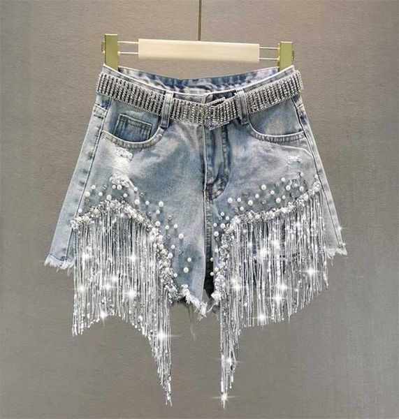 female denim shorts summer wear high waist slimming heavy beaded sequin fringed ripped wide leg pants jeans 2111195761943, Blue
female denim shorts summer wear high waist slimming heavy beaded sequin fringed ripped wide leg pants jeans 2111195761943, Blue