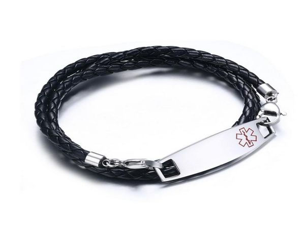 engravingstainless steel medic tag with black braided leather triple wrap medical alert bracelets 25quot long for 3 layers5659596
engravingstainless steel medic tag with black braided leather triple wrap medical alert bracelets 25quot long for 3 layers5659596