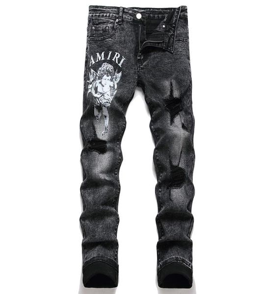 

fashion printed letter men039s jeans ripped patch denim pants men embroidered skinny jeans male casual streetwear trousers1467357, Blue