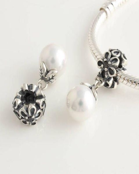 925 sterling silver forever bloom dangle bead with white pearl fits european charm bracelets1340079, Black
925 sterling silver forever bloom dangle bead with white pearl fits european charm bracelets1340079, Black