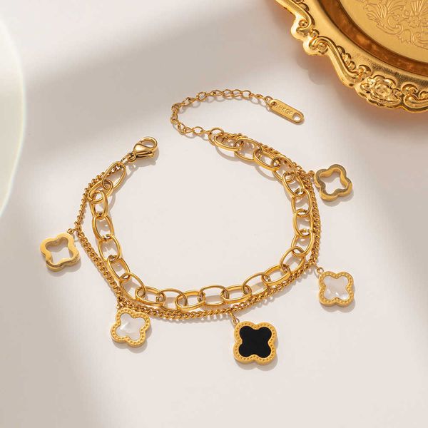 fashionable white shell double-layer four-leaf clover titanium steel colorfast net red lucky grass bracelet, Golden;silver
fashionable white shell double-layer four-leaf clover titanium steel colorfast net red lucky grass bracelet, Golden;silver
