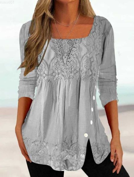 women's blouses shirts 2023 casual spring summer women blouse shirt solid color square collar lace buttons hem slit elegant pullover l, White
women's blouses shirts 2023 casual spring summer women blouse shirt solid color square collar lace buttons hem slit elegant pullover l, White