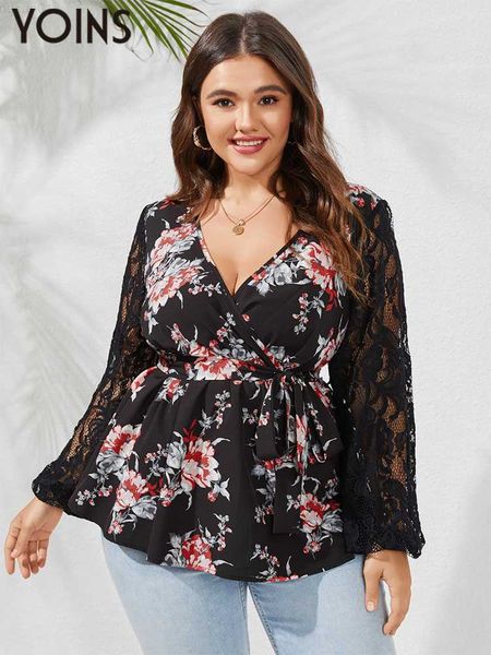 

women's blouses shirts yoins bohemian floral printed women blouses plus size shirts v neck long sleeve lace patchwork tunic casual part, White