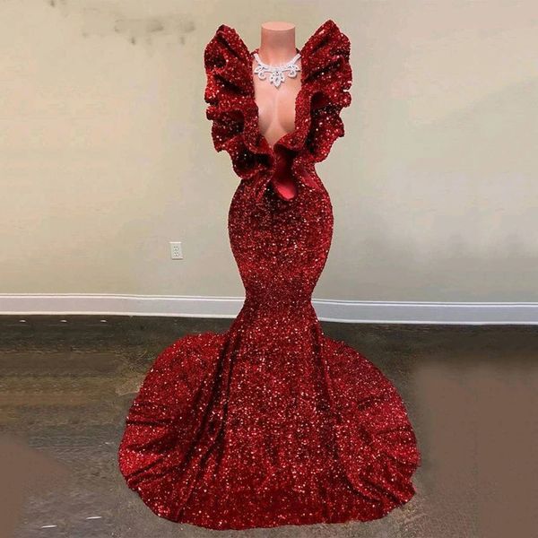 sparkly dark red sequins african prom dresses sleeveless v-neck mermaid birthday party evening dresses reception gowns, Black
sparkly dark red sequins african prom dresses sleeveless v-neck mermaid birthday party evening dresses reception gowns, Black