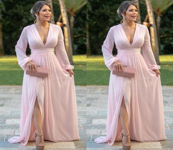 light pink chiffon evening dresses deep v neck long sleeves prom dress side split a line bride party gowns5032926, Black;red
light pink chiffon evening dresses deep v neck long sleeves prom dress side split a line bride party gowns5032926, Black;red