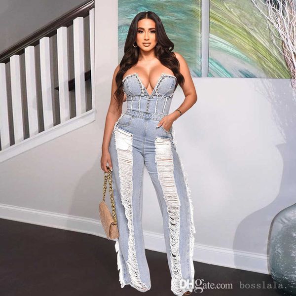 new rompers summer fashionable tassel broken hole nail drill wash denim jumpsuits for female, Black;white
new rompers summer fashionable tassel broken hole nail drill wash denim jumpsuits for female, Black;white