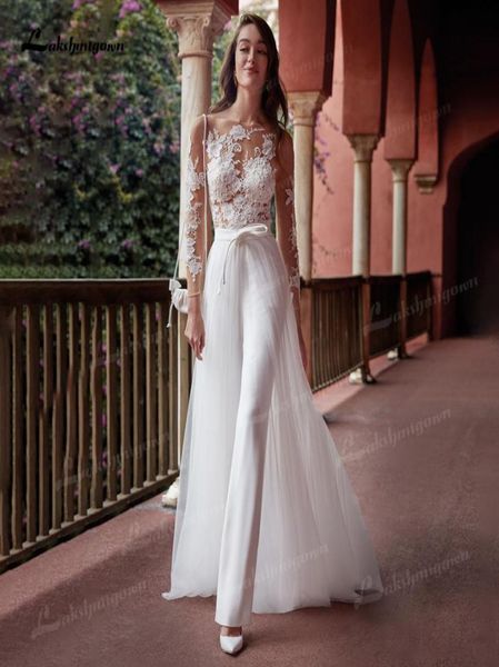 party dresses modern long sleeve jumpsuit wedding scoop neck white lace appliques boho bridal with detachable train robe mariee 235292773, White;black
party dresses modern long sleeve jumpsuit wedding scoop neck white lace appliques boho bridal with detachable train robe mariee 235292773, White;black