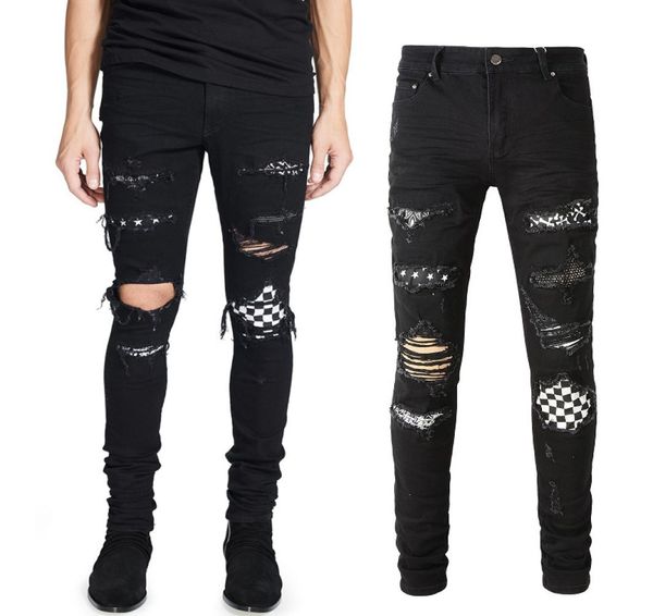 worn out patchwork biker denim jeans man stretch slim fit017848003, Blue