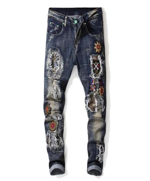 men039s jeans embroidered 2021 slim holes012345677184248012389694, Blue