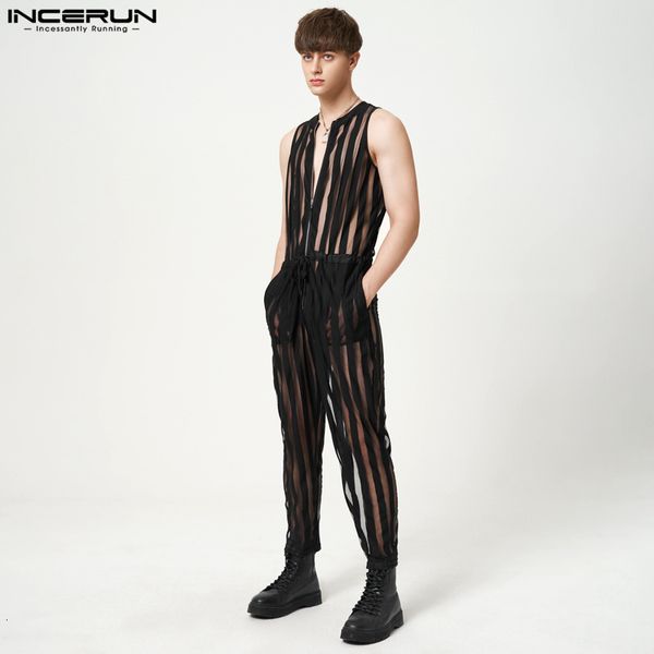 men s pants 2023 men jumpsuits mesh transparent striped sleeveless zipper fashion rompers streetwear drawstring male overalls incerun 7 2307, Black
men s pants 2023 men jumpsuits mesh transparent striped sleeveless zipper fashion rompers streetwear drawstring male overalls incerun 7 2307, Black