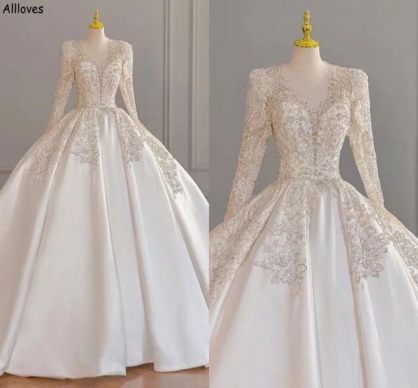elegant satin ball gown wedding dresses v neck lace appliques beaded formal bridal gowns with long sleeves modern white bride reception robe
elegant satin ball gown wedding dresses v neck lace appliques beaded formal bridal gowns with long sleeves modern white bride reception robe