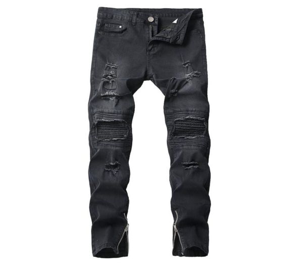 men casual jeans hole slim straight pleated biker jeans pants male zipper denim fashion black pants2892475, Blue 
men casual jeans hole slim straight pleated biker jeans pants male zipper denim fashion black pants2892475, Blue
