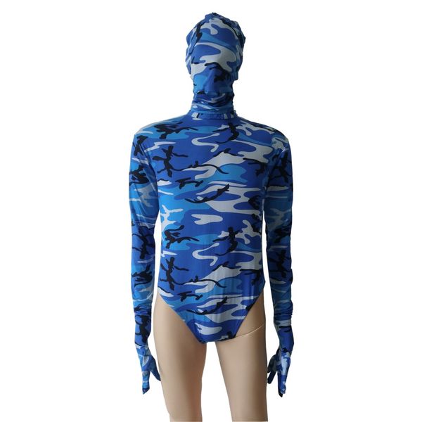 blue camo color half pack spandex bodysuit ballet gymnastics tights jumpsuit removable hood gloves, Black 
blue camo color half pack spandex bodysuit ballet gymnastics tights jumpsuit removable hood gloves, Black