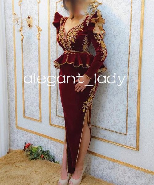 burgundy velvet peplum mermaid prom dresses high slit long sleeve gold embroidery lace evening gown karakou algerois, Black
burgundy velvet peplum mermaid prom dresses high slit long sleeve gold embroidery lace evening gown karakou algerois, Black