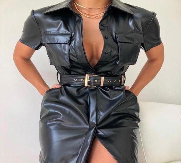 solid pu leather dress women short sleeve turn down collar shirt belted party dresses black vestidos mujer8212367, Black;gray
solid pu leather dress women short sleeve turn down collar shirt belted party dresses black vestidos mujer8212367, Black;gray