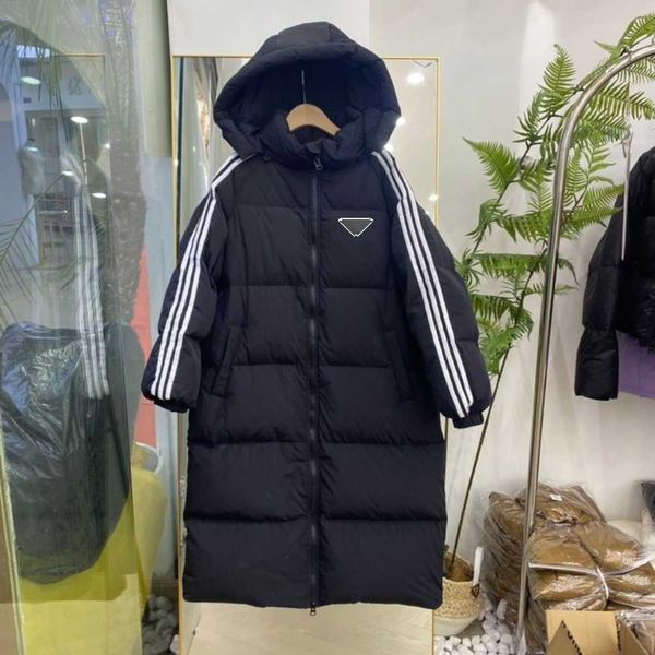 autumn and winter women's long hooded loose down jacket, classic striped three-stripe down jacket, cuffs tightened to keep warm and not, Black
autumn and winter women's long hooded loose down jacket, classic striped three-stripe down jacket, cuffs tightened to keep warm and not, Black