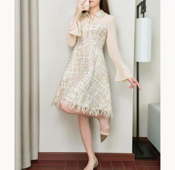 spring women mesh patchwork tweed dress flare sleeve plaid ruffles wool blends dress high waist a line tassel8319770, Black;gray
spring women mesh patchwork tweed dress flare sleeve plaid ruffles wool blends dress high waist a line tassel8319770, Black;gray