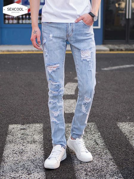net red jeans men tiktok fashion brand summer thin handsome baby blue slim feet super hole beggar pants rotten, White;black
net red jeans men tiktok fashion brand summer thin handsome baby blue slim feet super hole beggar pants rotten, White;black