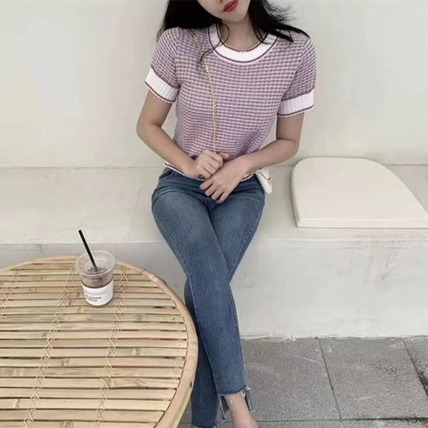 women's knits new temperament round collar tees stripe color short-sleeved tight blouse shirt women sweater, White
women's knits new temperament round collar tees stripe color short-sleeved tight blouse shirt women sweater, White