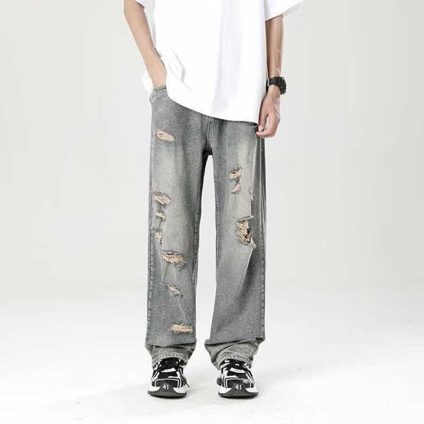 designer jeans new high street made old washed hole jeans men's trendy street loose straight leg slim pants, Blue
designer jeans new high street made old washed hole jeans men's trendy street loose straight leg slim pants, Blue