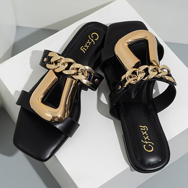 slippers womens personalized chain fashion buckle wear sandals open toe outdoors flat luxurious black woman shoes 230711
slippers womens personalized chain fashion buckle wear sandals open toe outdoors flat luxurious black woman shoes 230711