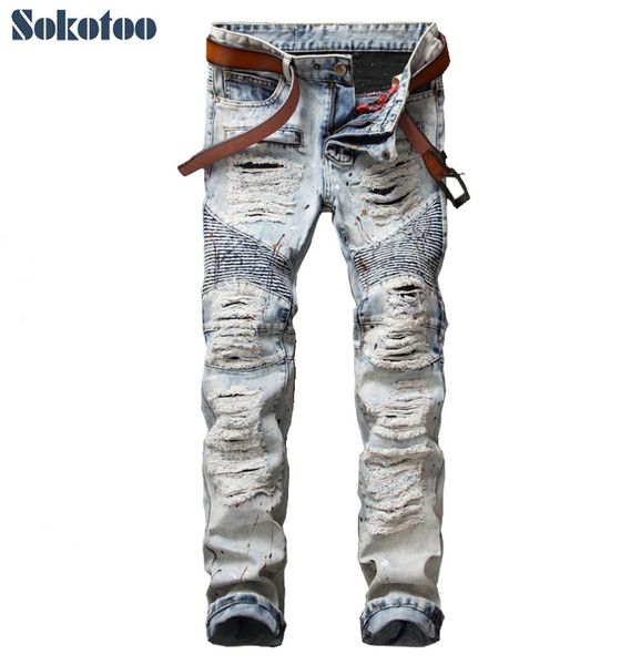 sokotoo men039s casual painted holes ripped biker jeans for moto vintage light blue slim straight denim pants long trousers6579761
sokotoo men039s casual painted holes ripped biker jeans for moto vintage light blue slim straight denim pants long trousers6579761