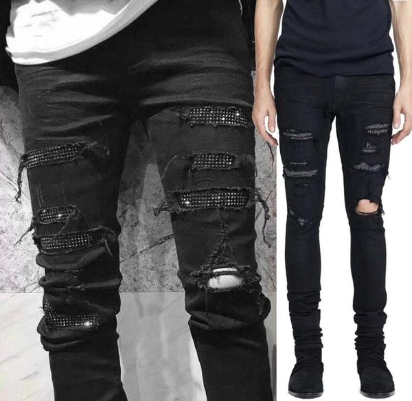 black stretch denim jeans for men crystal diamond patch damage hole slim fit leg2703931, Blue
black stretch denim jeans for men crystal diamond patch damage hole slim fit leg2703931, Blue