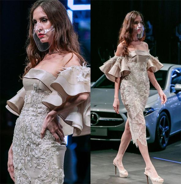 gorgeous off shoulder prom dresses cap sleeves feathers lace appliques evening dress custom made tea length back split party gown7050893, Black;red 
gorgeous off shoulder prom dresses cap sleeves feathers lace appliques evening dress custom made tea length back split party gown7050893, Black;red