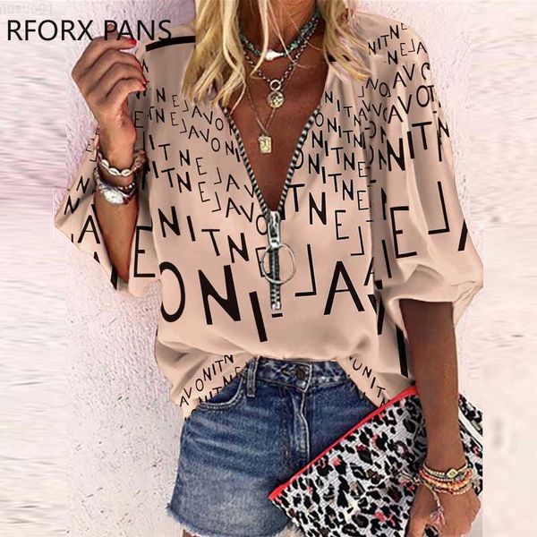 women's blouses shirts women chic zipper v collar letter pattern three quarter sleeves blouses l230712, White
women's blouses shirts women chic zipper v collar letter pattern three quarter sleeves blouses l230712, White