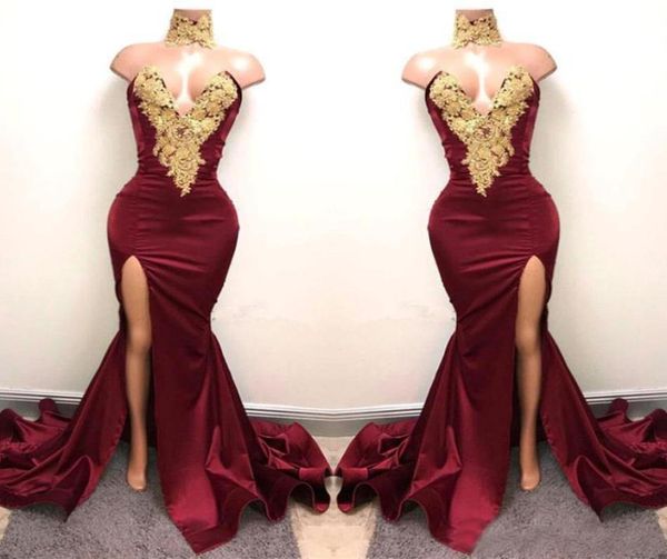 new design 2k19 burgundy prom dresses with gold lace appliqued mermaid front split dresses long party evening wear gowns1266387, Black
new design 2k19 burgundy prom dresses with gold lace appliqued mermaid front split dresses long party evening wear gowns1266387, Black