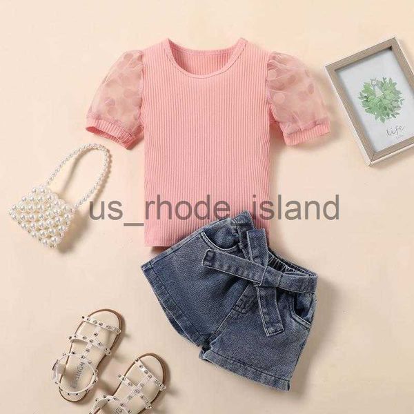 t-shirts clothing sets 2pcs girls summer outfit dots splicing short sleeve t-shirt denim shorts with waist belt set for kids 1-6y x0714, Blue
t-shirts clothing sets 2pcs girls summer outfit dots splicing short sleeve t-shirt denim shorts with waist belt set for kids 1-6y x0714, Blue