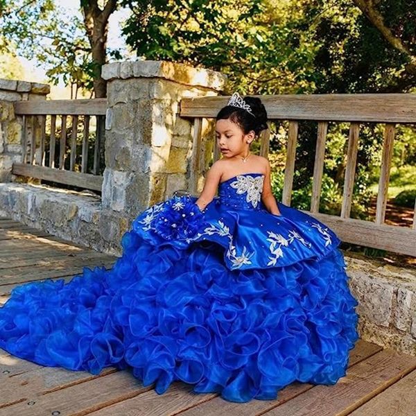 2023 royal blue cute children applique beading tiered princess dress beauty pageant gowns puffy flowers girl birthday dresses, White;red