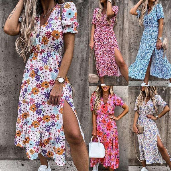 spring and summer print short sleeve v neck tight waist split dress for women, Black;gray
spring and summer print short sleeve v neck tight waist split dress for women, Black;gray