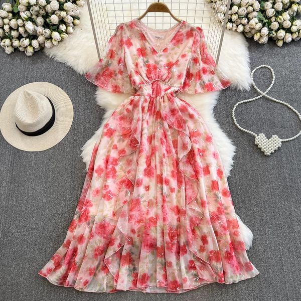 french hepburn style celebrity style v-neck waist slim a-line printed chiffon ruffle edge dress elegant long dress, Black;gray
french hepburn style celebrity style v-neck waist slim a-line printed chiffon ruffle edge dress elegant long dress, Black;gray